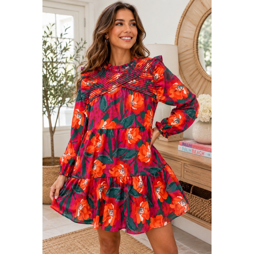Bold Floral Tiered Mini Dress Ruffle Boho Artsy Chic Festival Summer Party Sz M